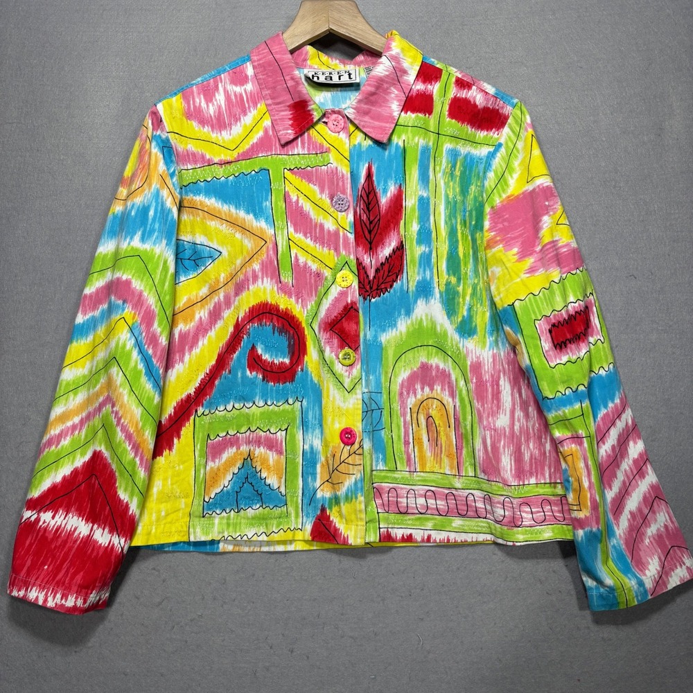 Keren Hart‎ Women's Size M Colorful Artsy Abstract Button Front Jacket Statement